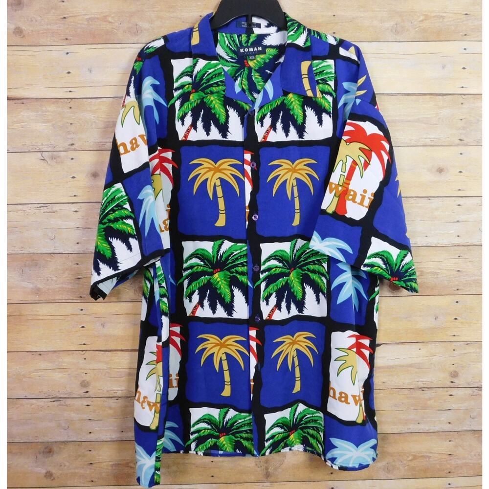 Koman Sport Men Hawaiian Shirt XXL Blue Green Palm Trees Grid Pattern VTG